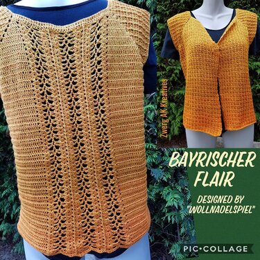 Gehäkelte senfgelbe Damenweste mit vertikalen Lochmusterstreifen und V‑Ausschnitt auf Schaufensterpuppe