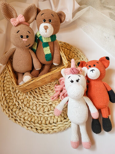 Set 4Crochet Pattern Unicorn, Fox, Rabbit and Bear, Amigurumi