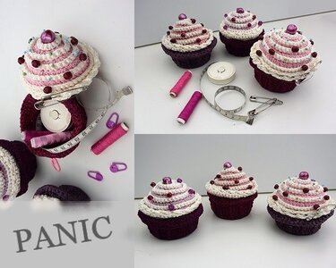 Gehäkelte Cupcakes mit Perlen und Nähutensilien