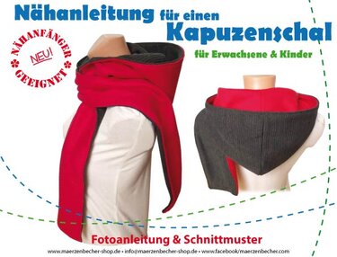 Zweifarbiger Kapuzenschal (rot und dunkelgrau) auf zwei Schaufensterpuppen