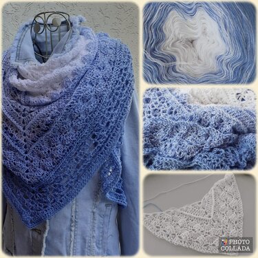 Blue-to-white gradient crochet triangle shawl draped over a denim jacket, with yarn cake and stitch close-ups.