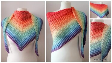 Gehäkeltes Dreieckstuch in Regenbogenfarben auf einer Schneiderpuppe