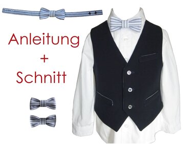 Dunkelblaue Kinderweste auf weißem Hemd mit gestreifter Fliege, zusätzliche Darstellung von drei Fliegenvarianten und Schriftzug Anleitung + Schnitt