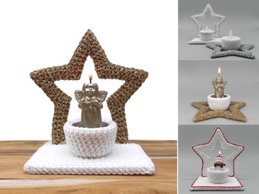 Golden crocheted star frame on a white crocheted base holding an angel candle.