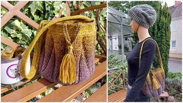 Gehäkelte runde Henkeltasche mit senf-zu-lila Farbverlauf, langem Träger und gelber Quaste