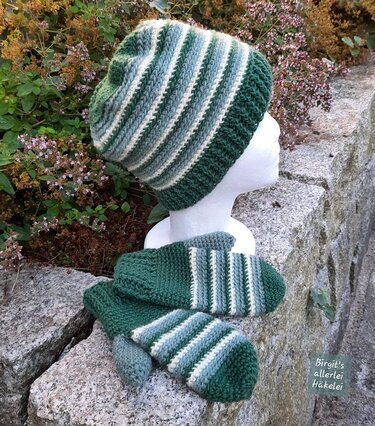 Set "Funny Stripes" Mütze mit passenden Fäustlingen in drei vers. Größen - Häkeln