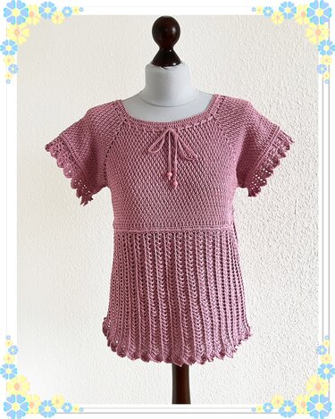 Rosa gehäkeltes Damen-Shirt mit kurzem Ärmel, quadratischem Ausschnitt und Lochmuster