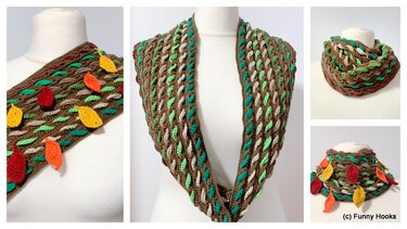 Brown crocheted cowl with interwoven green and light brown stitches and red, orange, yellow leaf appliqués on a mannequin.