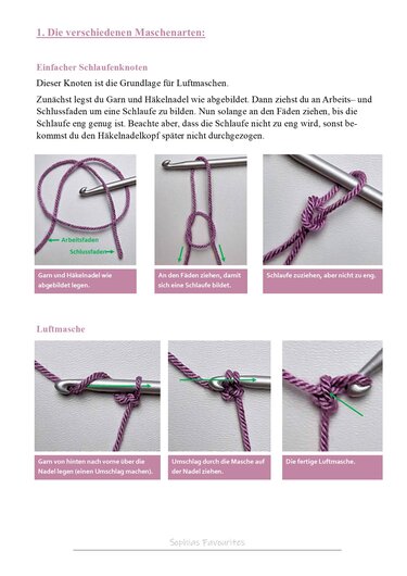 Schrittfotos: Schlaufenknoten und Luftmasche mit lila Garn und Häkelnadel