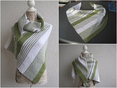 Gestricktes Dreieckstuch mit weißen und grünen Streifen, gezeigt auf Schneiderpuppe und flach ausgelegt
