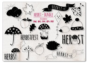 Schwarz-weiße Sammlung herbstlicher Plotmotive: Pilz, Igel, Regenschirm, Blätter, Apfel und Banner mit dem Schriftzug 'Herbst'