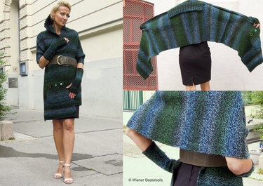 Stola mit Kragen, Tasche und Stulpen, für AnfängerInnen, großer Schal, Wickeljacke, Seelenwärmer