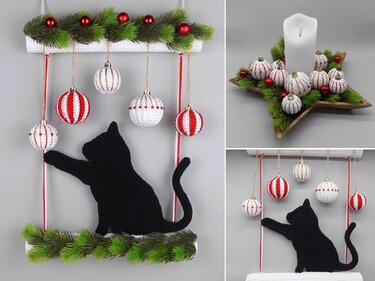 Little chubby Christmas cat - hanging decoration for doors & walls - Crochet