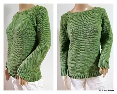 Grüner gehäkelter Damenpullover an Schaufensterpuppe, Vorder- und Seitenansicht, Strukturstich und gerippte Bündchen