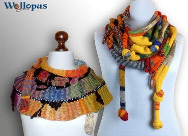 Two colorful knitted cowls on white dress forms, one short circular cowl and one long loop scarf with knotted ends