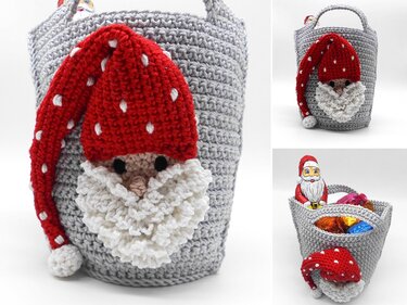 Grey crocheted basket with attached red gnome head, white curly beard and long dotted hat