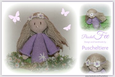 Gehäkelte Amigurumi-Fee mit langem Haar, lila Kleid und Blumenkranz