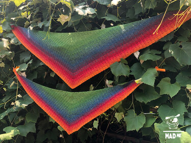 Zwei gehäkelte, regenbogenfarbene Dreieckstücher hängen mit Wäscheklammern zwischen grünen Blättern