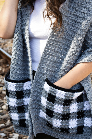 "Checkmate" crochet pocket scarf pattern with hoodie- 6 different sizes