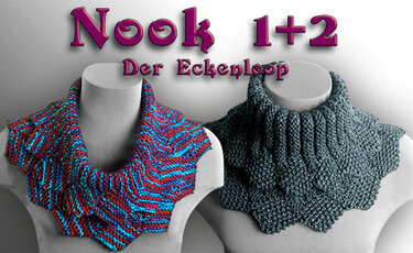 Zwei gestrickte Halswärmer auf Puppen: ein mehrfarbiger Eckenloop mit Zickzackmuster und ein dunkelgrauer mit Rippenmuster.