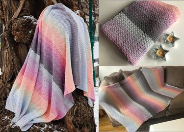 Pastellfarbene gehäkelte Decke mit abwechselnden Streifen, drapiert an einem Baumstamm; zusätzliche Ansichten gefaltet und auf Sofa gelegt