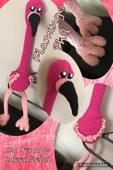 Detailcollage eines gehäkelten Flamingo-Amigurumi mit Fokus auf Schnabel, Hals und Fuß