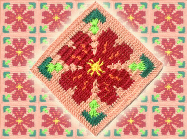 Wiederholbares Häkelquadrat mit roter Blume, grünen Eckmotiven und heller Umrandung