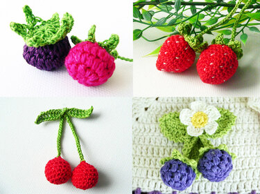 Erdbeere, Himbeere/Brombeere, Kirschen mit den Blättern - Häkeln