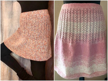 Collage zweier kurzer gestrickter Damenröcke: links pfirsich-meliert mit strukturierter Passe, rechts rosa Farbverlauf mit strukturierter Passe und glatt-rechts gestricktem Saum