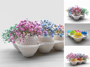 Sechs weiße, gehäkelte Eierkarton-Behälter, jeweils mit pastellfarbenen Schleierkraut-Blüten in Rosa, Blau, Grün und Orange