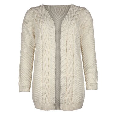 Cremefarbene offene Strickjacke mit Zopfmuster und Perlmuster