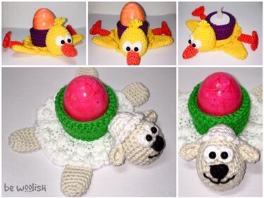Collage mit gehäkeltem gelben Küken und weißem Schaf als Eierwärmer, jeweils mit farbigem Ei oder Teelicht
