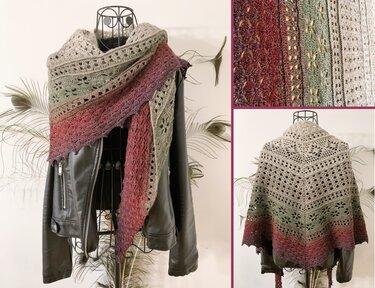 Crocheted triangle shawl with soft gradient from beige to green to burgundy and lace openwork, draped over a dark leather jacket.