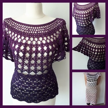 Collage: Gehäkeltes violettes Damen‑Top mit offenem Ajourmuster und Lila‑Farbverlauf, mehrere Ansichten