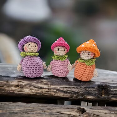 Three small crocheted mushroom dolls in purple, pink and orange with green collars on a wooden plank