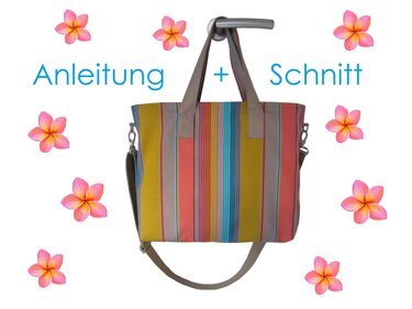 Gestreifte Stoff-Einkaufstasche mit kurzen Henkeln, abnehmbarem Schultergurt und dem Schriftzug 'Anleitung + Schnitt'