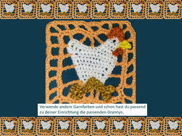 Gehäkeltes Quadrat mit weißem Hühnermotiv auf orangefarbenem Netzrahmen und kleiner Hühner-Bordüre