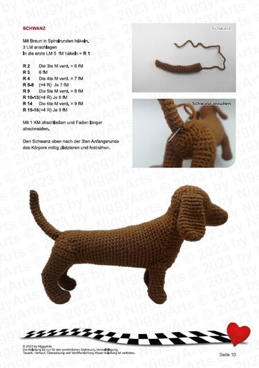 Crochet brown dachshund amigurumi with tail, tail piece, and attachment close-up