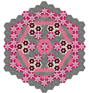 Gehäkelte Hexagon-Decke mit Blüten- und geometrischem Muster in Rosa, Weiß, Dunkelrot und Grau.
