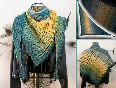 Teal-to-mustard gradient triangle crochet shawl with lace panels and corner tassels draped on a dress form