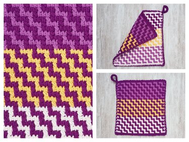 Close-up and full views of a square purple, yellow, and white mosaic crochet potholder with a hanging loop.