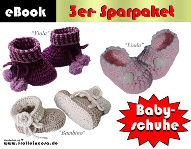 Drei gehäkelte Babyschuhe: violette Stiefelchen mit Bommel (Viola), rosa Ballerinas mit Knopf (Linda) und cremefarbene Schuhe mit Blüte (Bambino); oben Schriftzug eBook