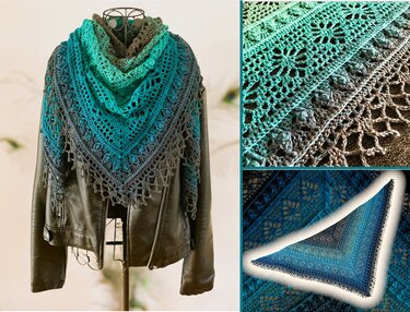 Ombre teal, green and grey crocheted triangle shawl draped over a black leather jacket showing lace and stitch details.
