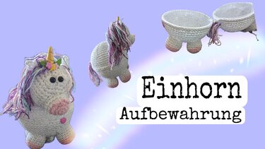 Weißes gehäkeltes Einhorn-Körbchen mit pastellfarbener Mähne in Vorder-, Seiten- und Innenansicht