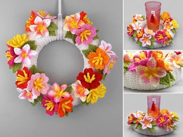 Colorful flower door wreath table wreath - simple from scraps of yarn - Crochet