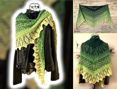 Ombre crocheted triangle shawl with lace pattern, transitioning from dark green to pale yellow, draped over a black jacket.