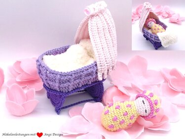 Geschenk zur Geburt, Stubenwagen und Püppchen - Häkeln