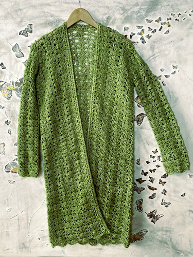 Green long crochet lace cardigan with scalloped hem hanging on a hanger
