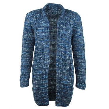 Langer blauer Damen-Cardigan mit meliertem Strickmuster, offen, auf weißem Hintergrund.