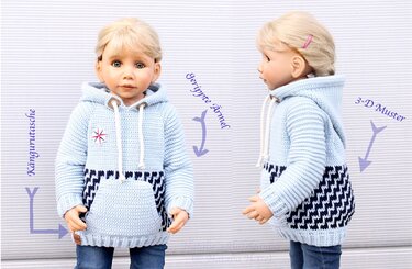 Hoodie with 3D pattern for adults/children, size 2 y.-XXL (raglan) - Crochet